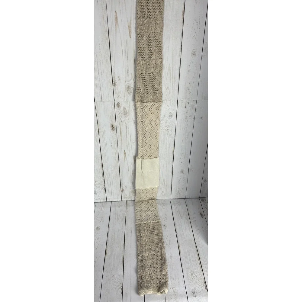 Boho Mixed Knit Patchwork Scarf Cream Beige Lace Trim Crochet Pointelle 2315